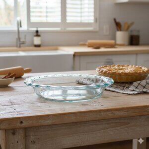 Vintage Pyrex 9.5” Clear Glass Pie Plate |  Green Tint |  USA Made |  1.75” Deep